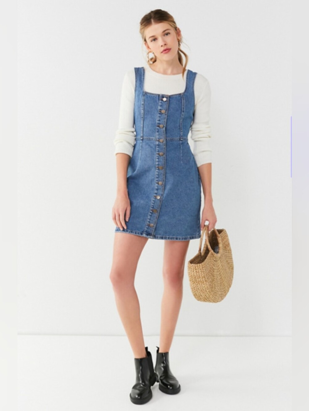 Urban Outfitters Button Down Denim Mini Dress Square Neck Blue Size 6